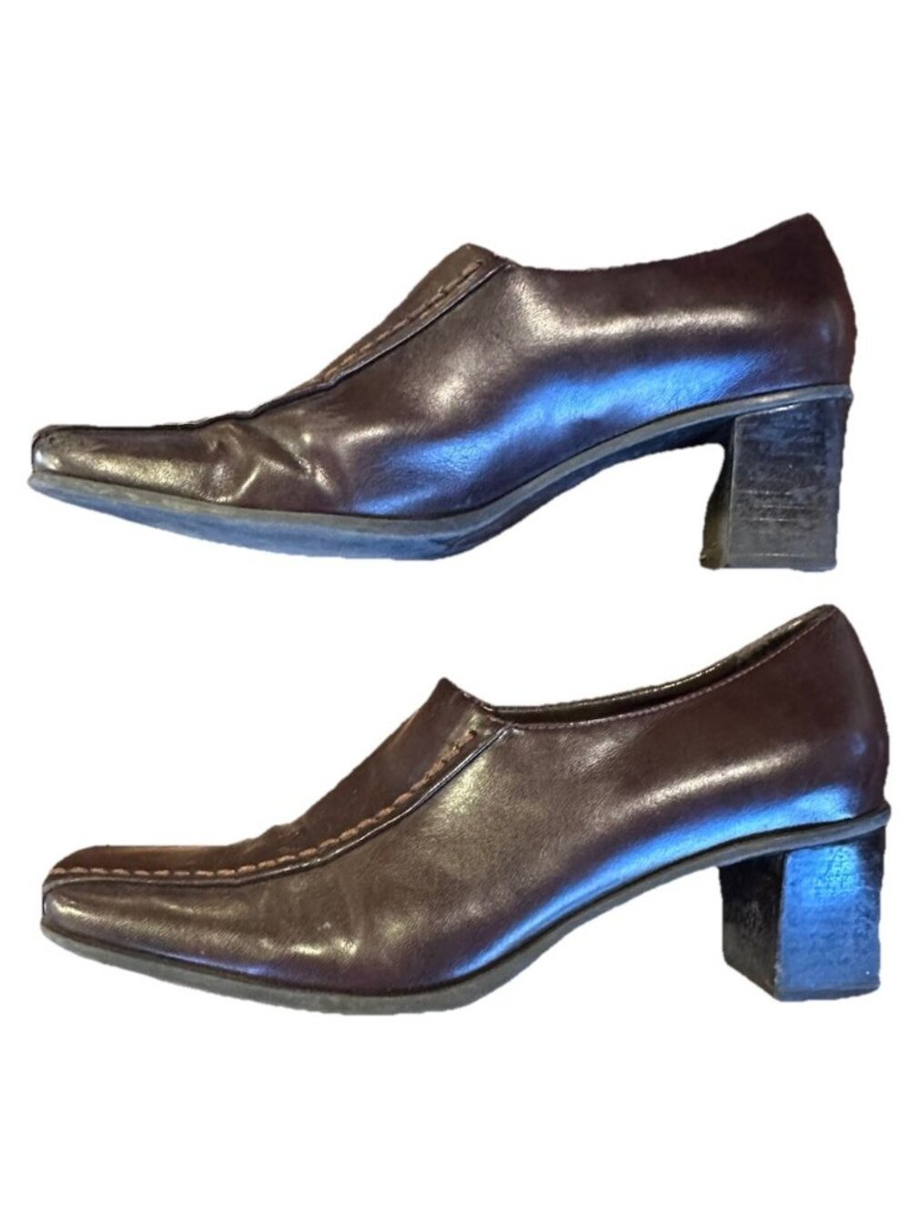 Franco Sarto Shoes Womens 8 Brown Top Stitch Leather Pumps Chunky Block Heel